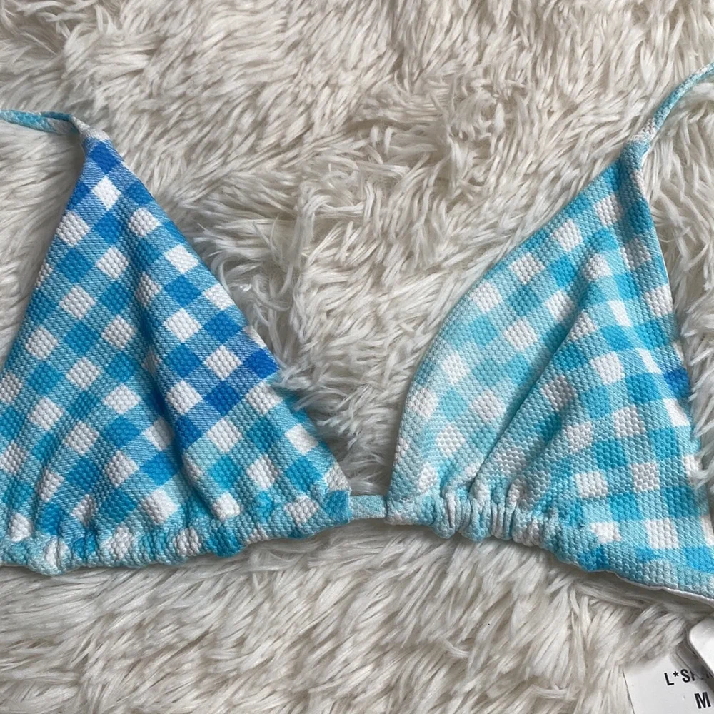 L Space by Monica Wise Blue White Checkered Bikini Swim Top Size Medium